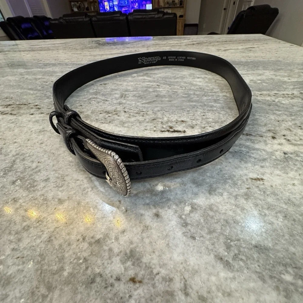Nocona Black Leather Western Belt Silver Buckle Braided Sz Mens 40 Double Tongue